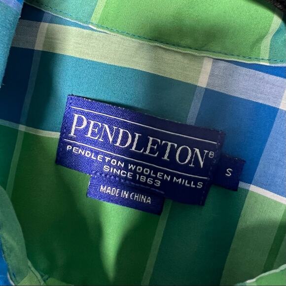 PENDLETON / green blue plaid long sleeve button down casual shirt / S - Picture 5 of 7